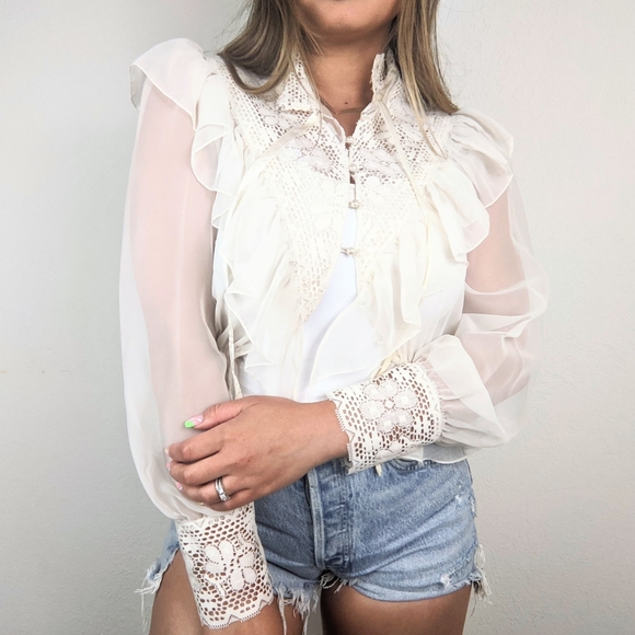 Vintage Tops - VINTAGE Lace Mesh Cottagecore Long Sleeve Blouse